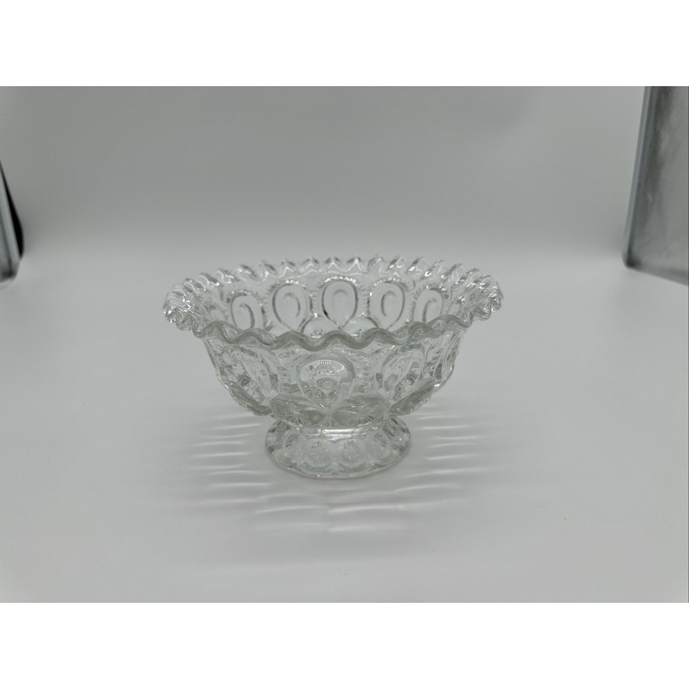 Vintage L.E. Smith Moon and Star Clear Glass‎ Footed Bowl Scalloped Ruffled Rim